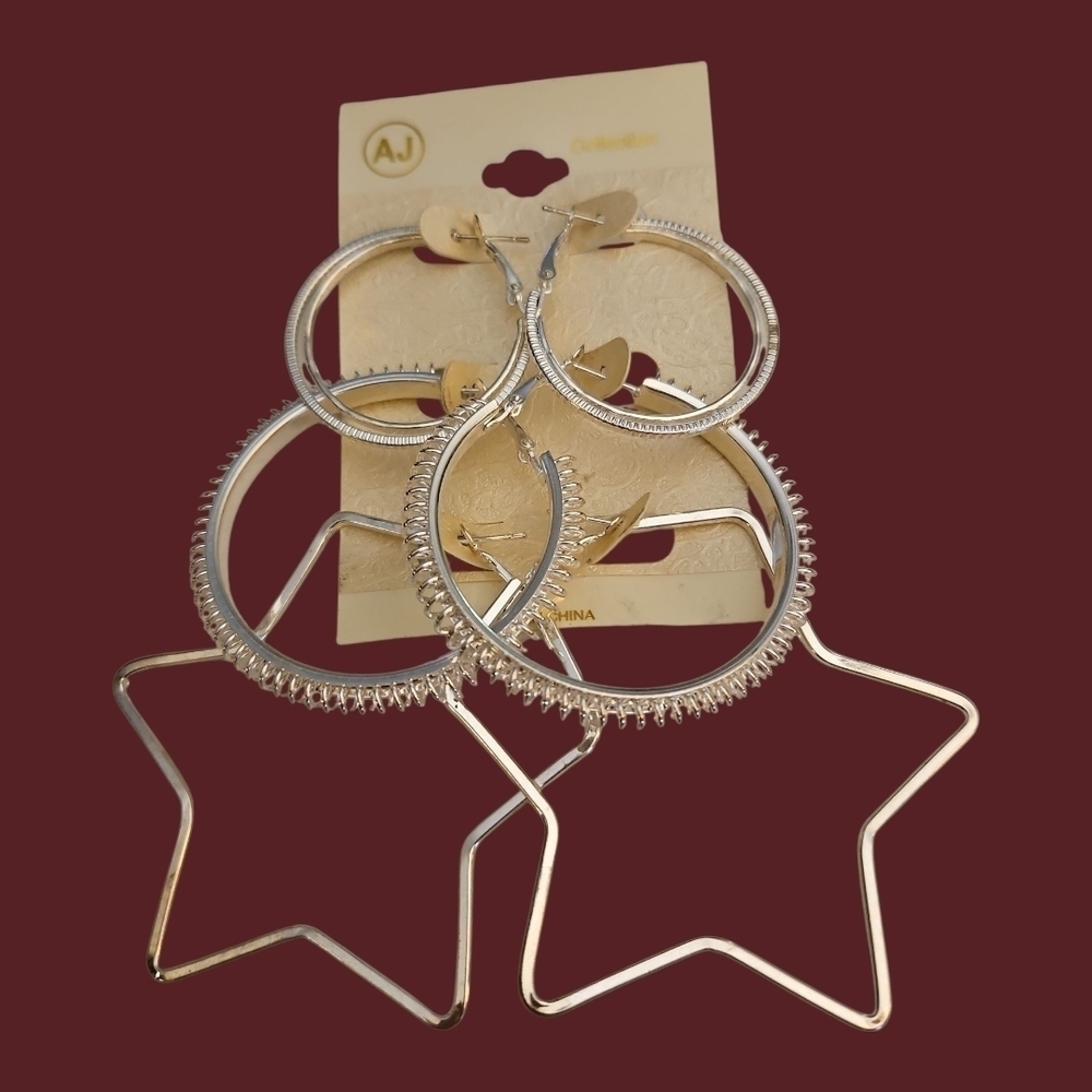 Vtg AJ COLLECTION Silvertone Large Star Festival Concert Hoop Earrings